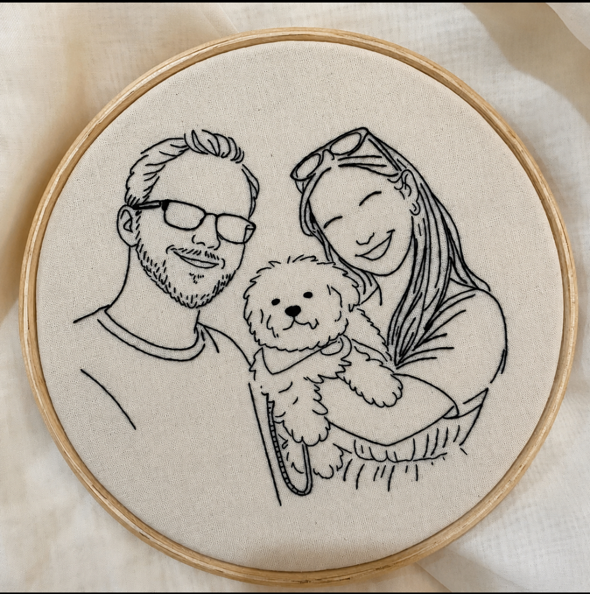 Retrato de família bordado em ponto contínuo